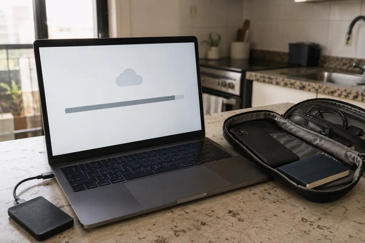 Un archivo termina de subirse desde el portátil mientras el teléfono permanece guardado y sin usarse como punto de acceso
