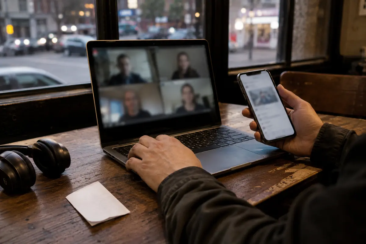 Una persona mantiene la videollamada en la notebook mientras abre un documento del cliente en el teléfono