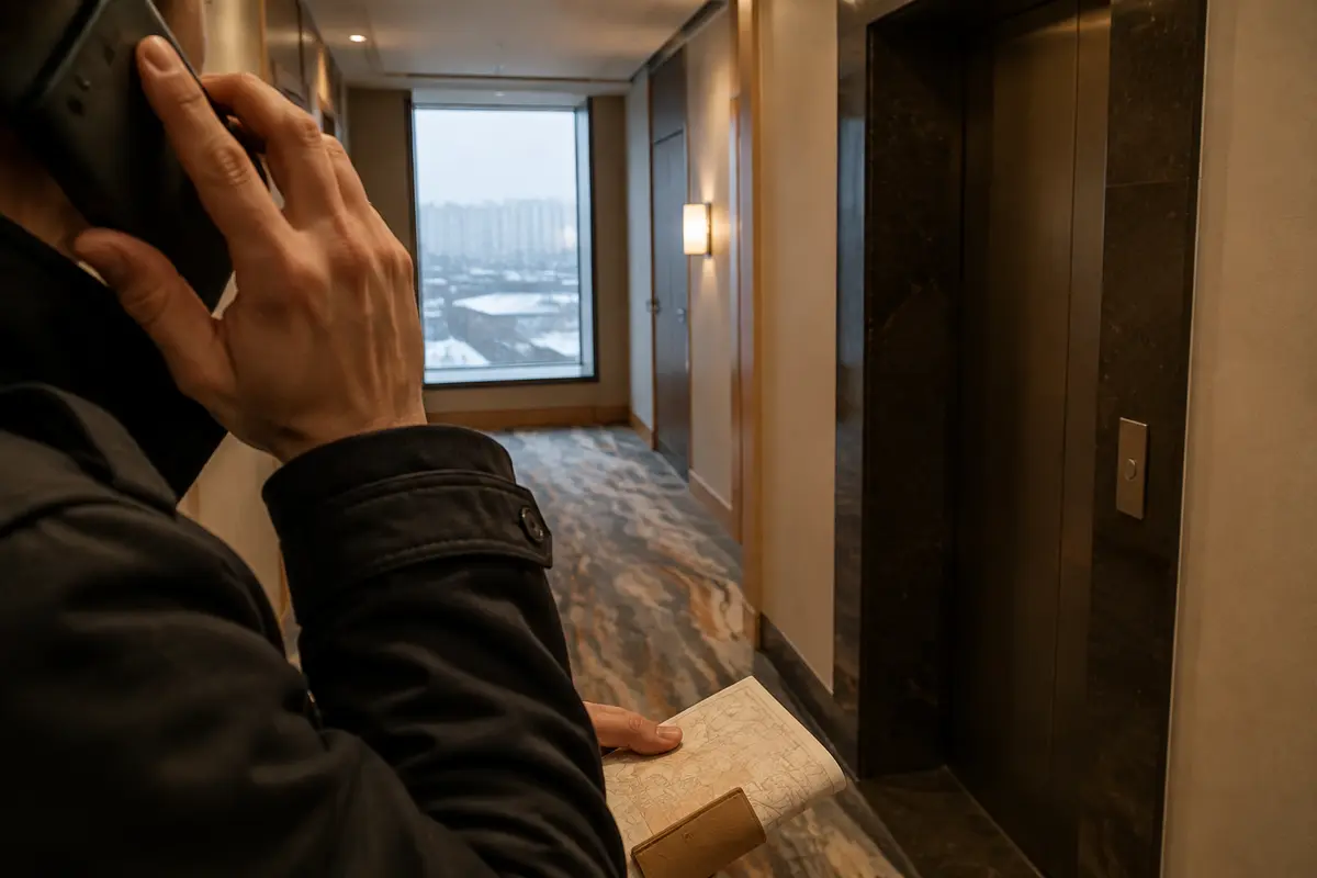 Un viajero habla por teléfono junto al ascensor del hotel después de recuperar la conexión con su familia
