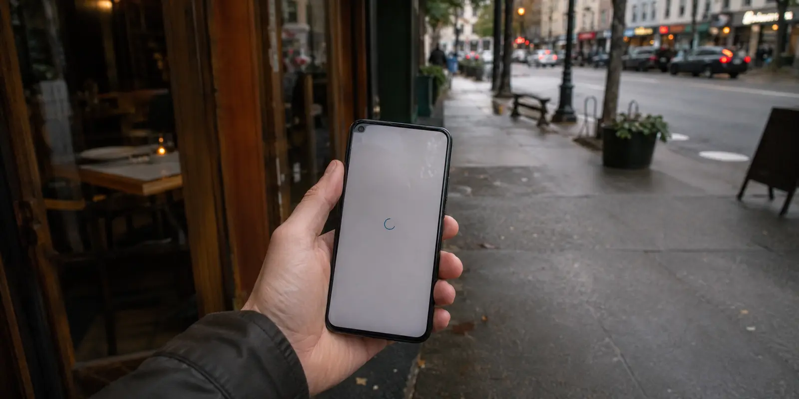 Un teléfono Android fuera de una cafetería muestra una carga detenida tras cambiar de red