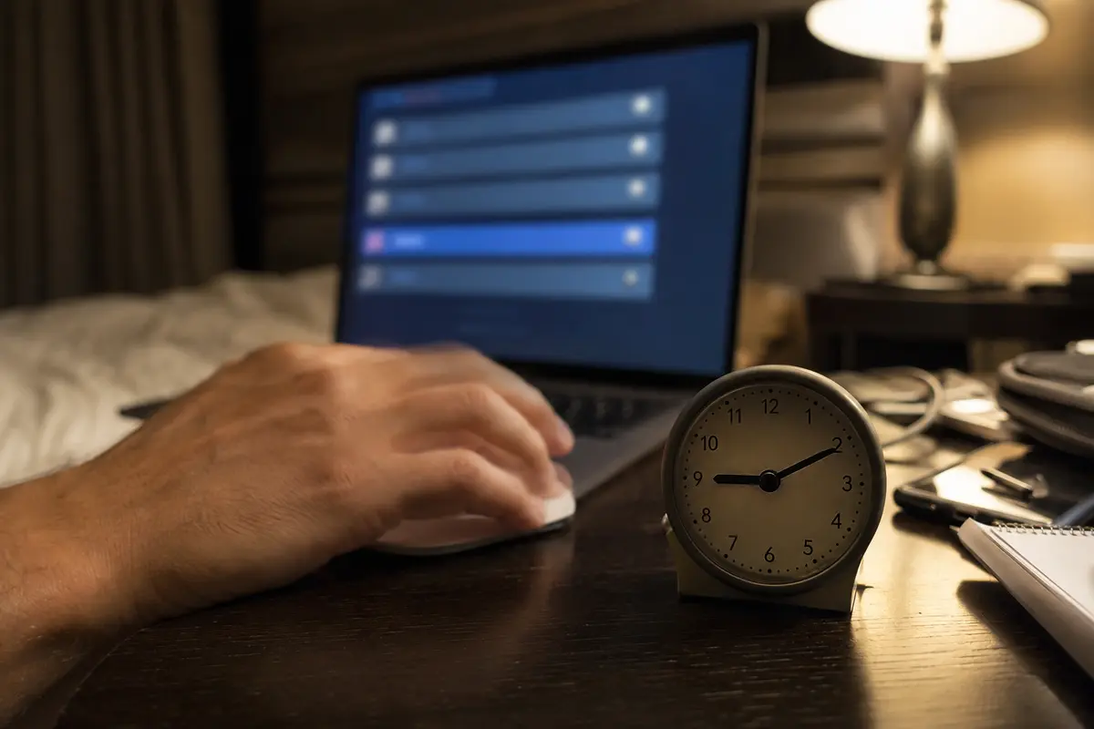 Una mano cambia de servidor en el portátil mientras un reloj marca el paso del tiempo