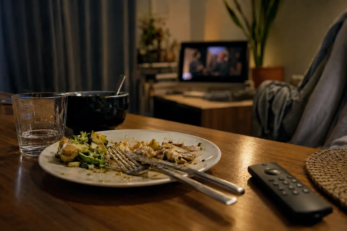 Una cena a medio terminar junto al mando mientras el episodio se reproduce al fondo