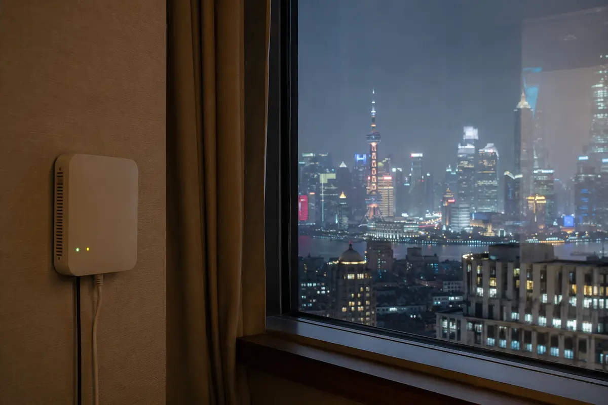 Un punto de acceso del hotel junto a una ventana con la noche de Shanghái al fondo