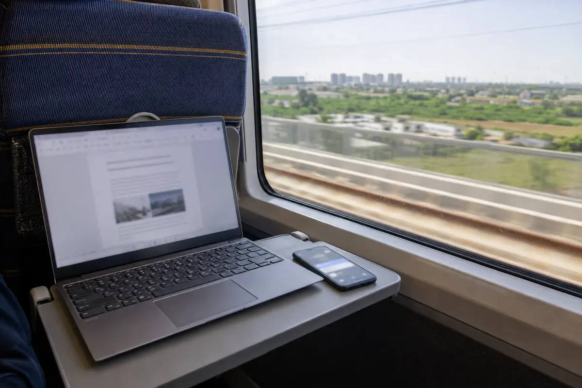 Un portátil y un teléfono siguen funcionando durante un trayecto en tren por China