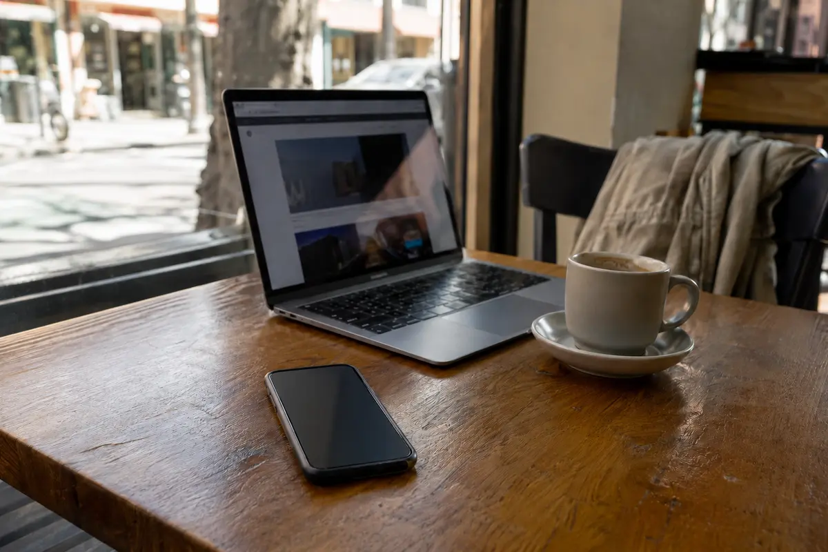 Un portátil y un teléfono sobre la mesa de una cafetería después de cambiar de red