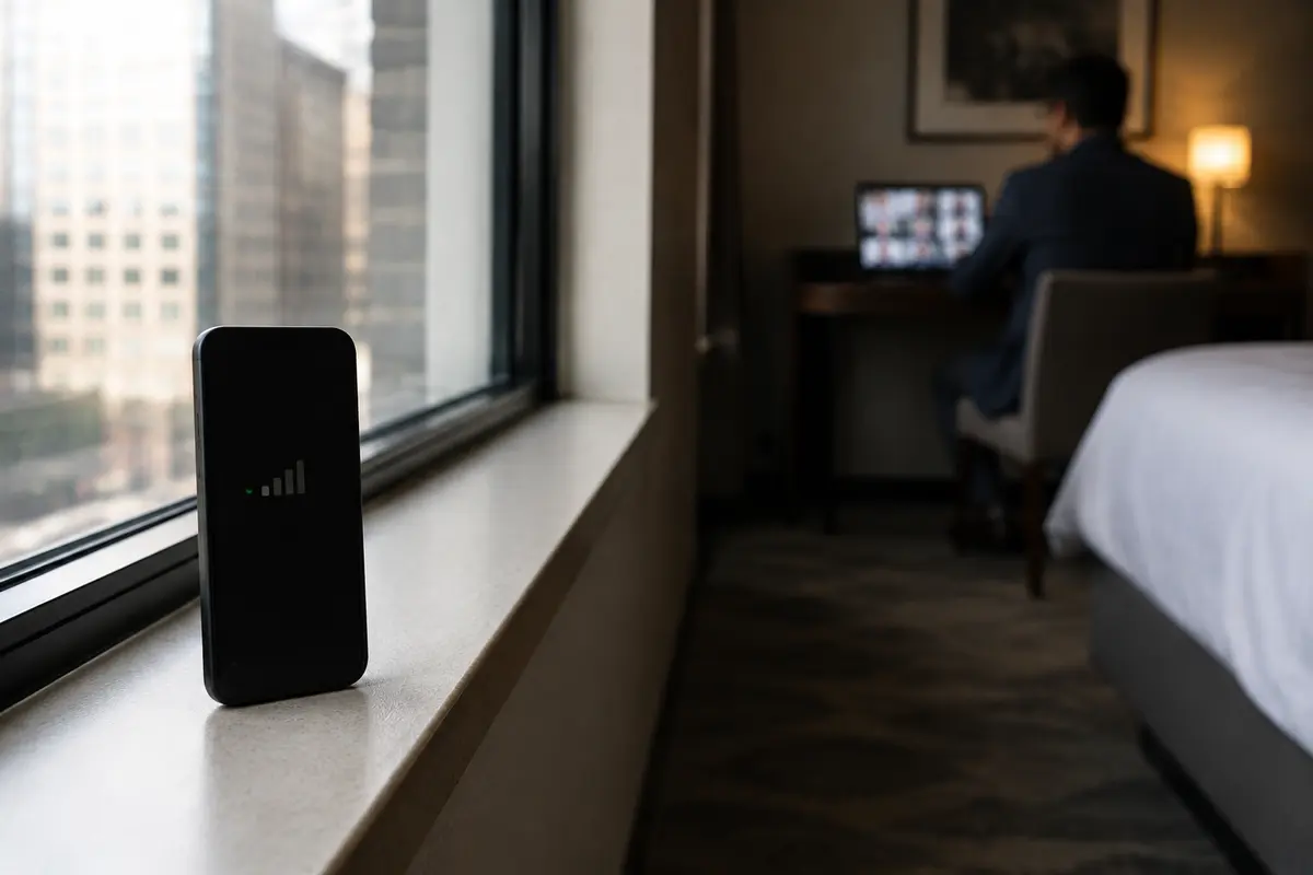 Un teléfono comparte datos móviles junto a la ventana mientras continúa una videollamada en la habitación del hotel