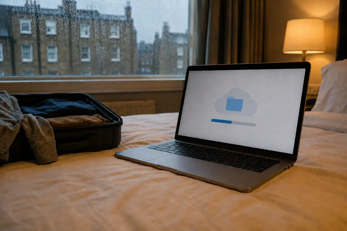 Un portátil sincroniza una carpeta en la cama de un hotel de Londres junto a una maleta abierta