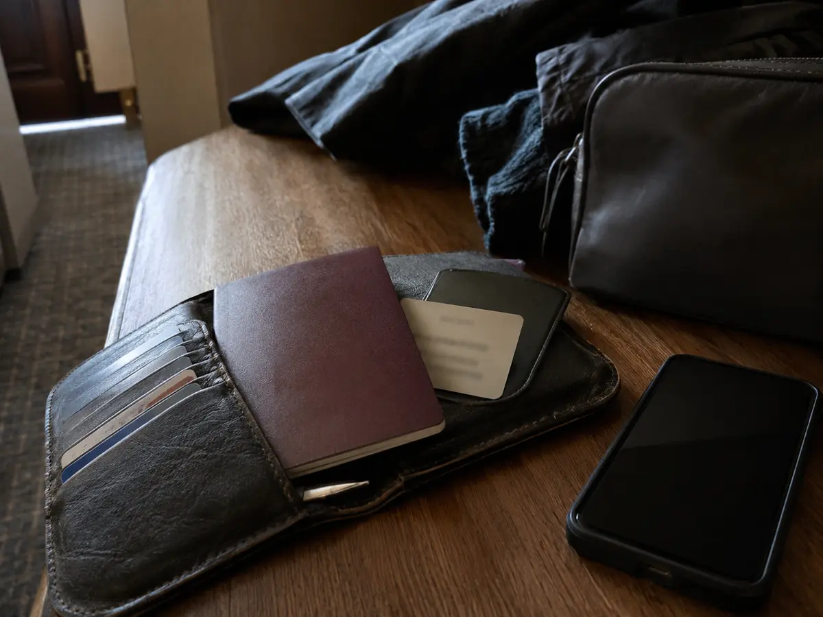 Una tarjeta de acceso guardada dentro de una cartera de viaje junto al teléfono
