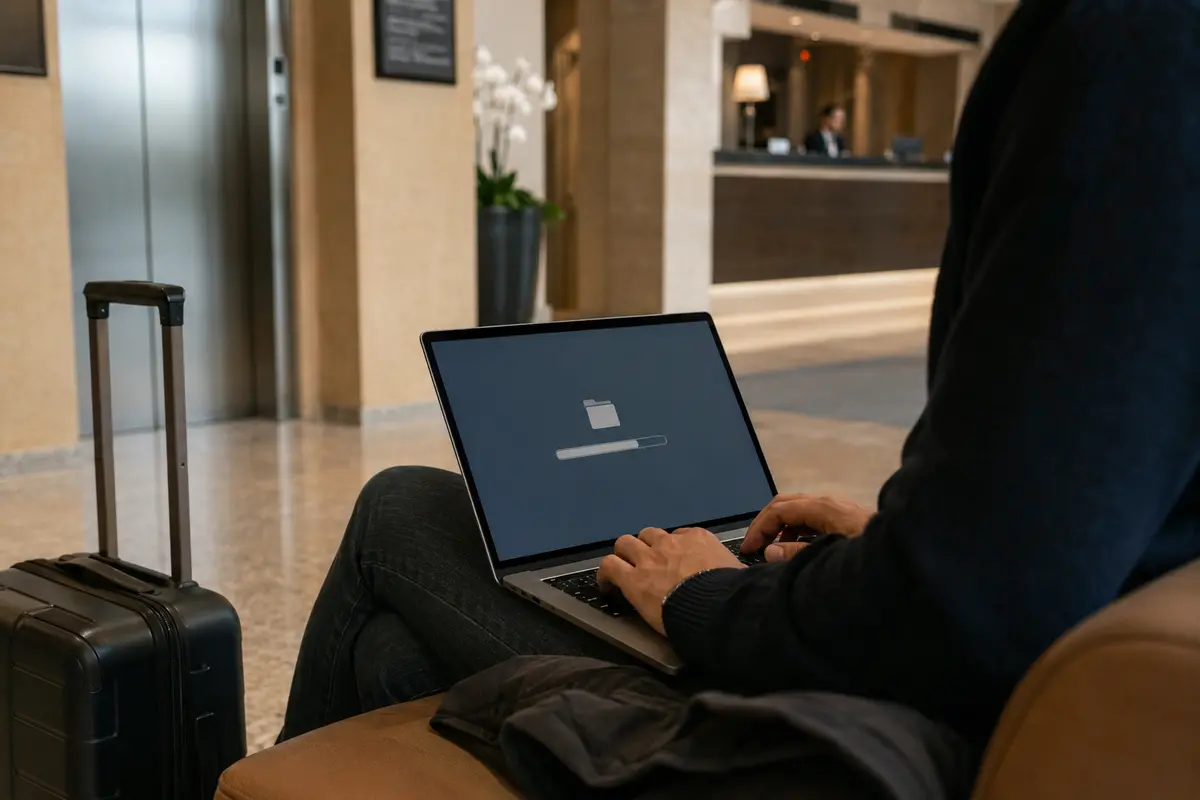 Un viajero continúa una transferencia desde el portátil en el vestíbulo del hotel