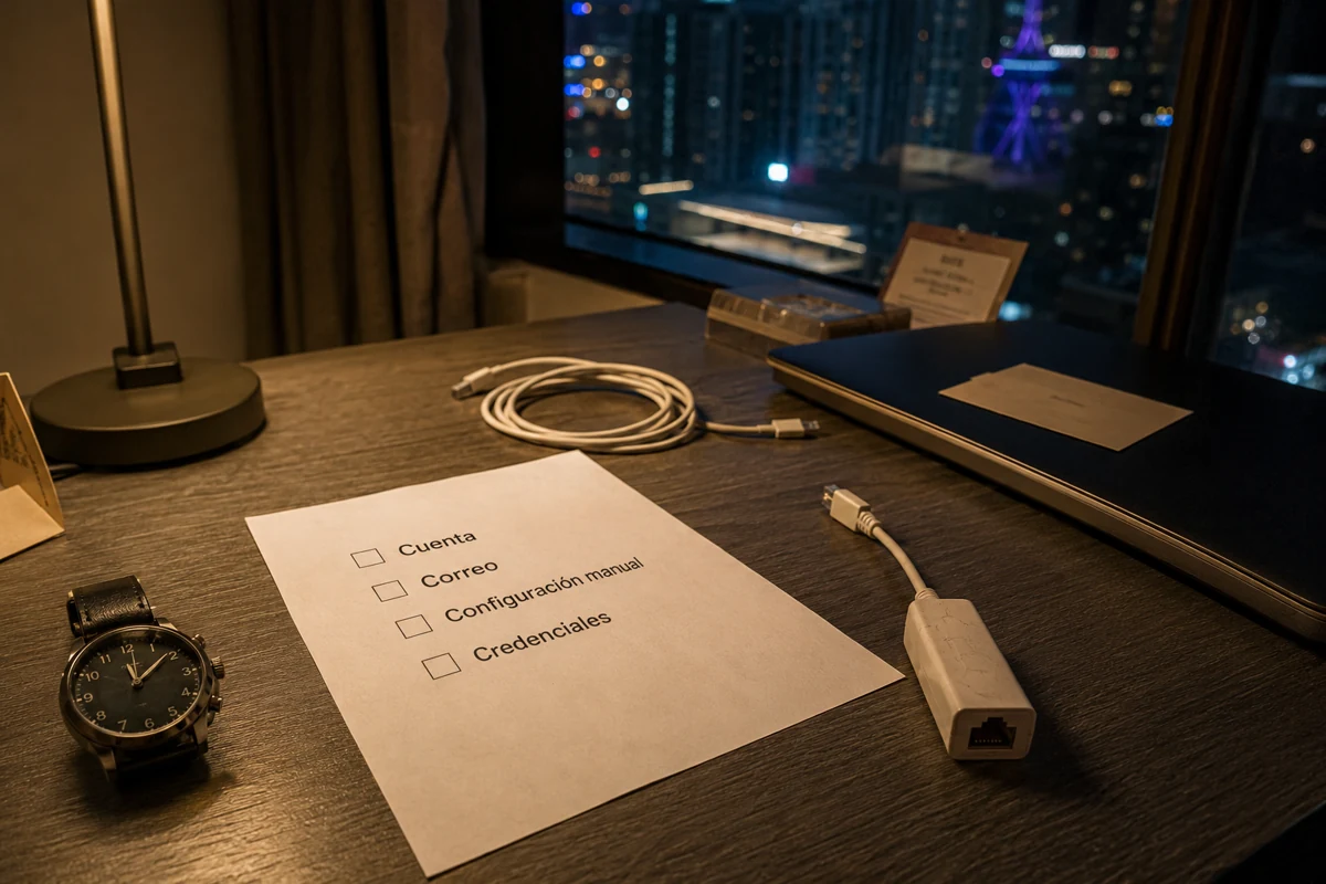 Una lista de cuenta, correo, configuración manual y credenciales queda pendiente sobre el escritorio del hotel
