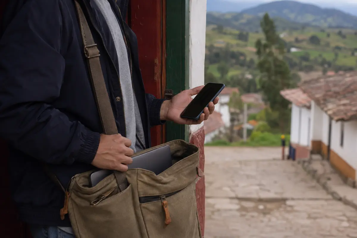 Una persona sale de una casa rural con el portátil guardado y el teléfono en la mano
