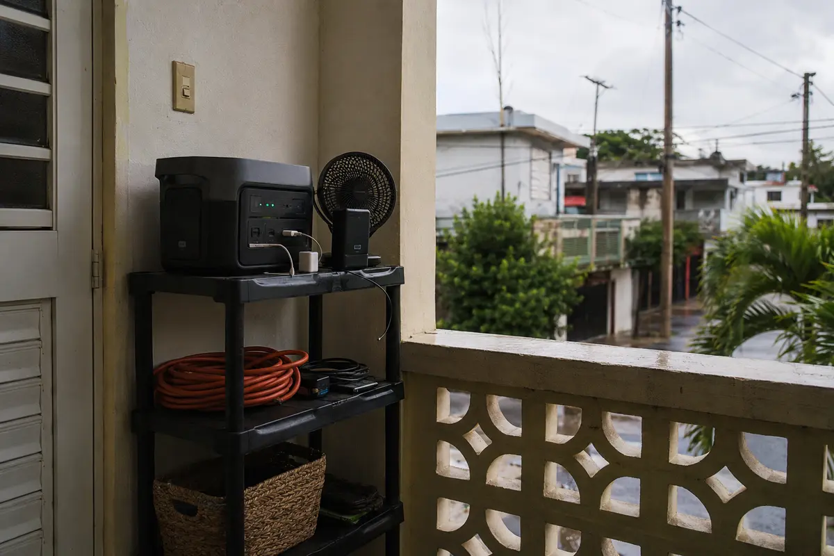 Equipo cotidiano de respaldo eléctrico y conexión preparado en un balcón de Puerto Rico