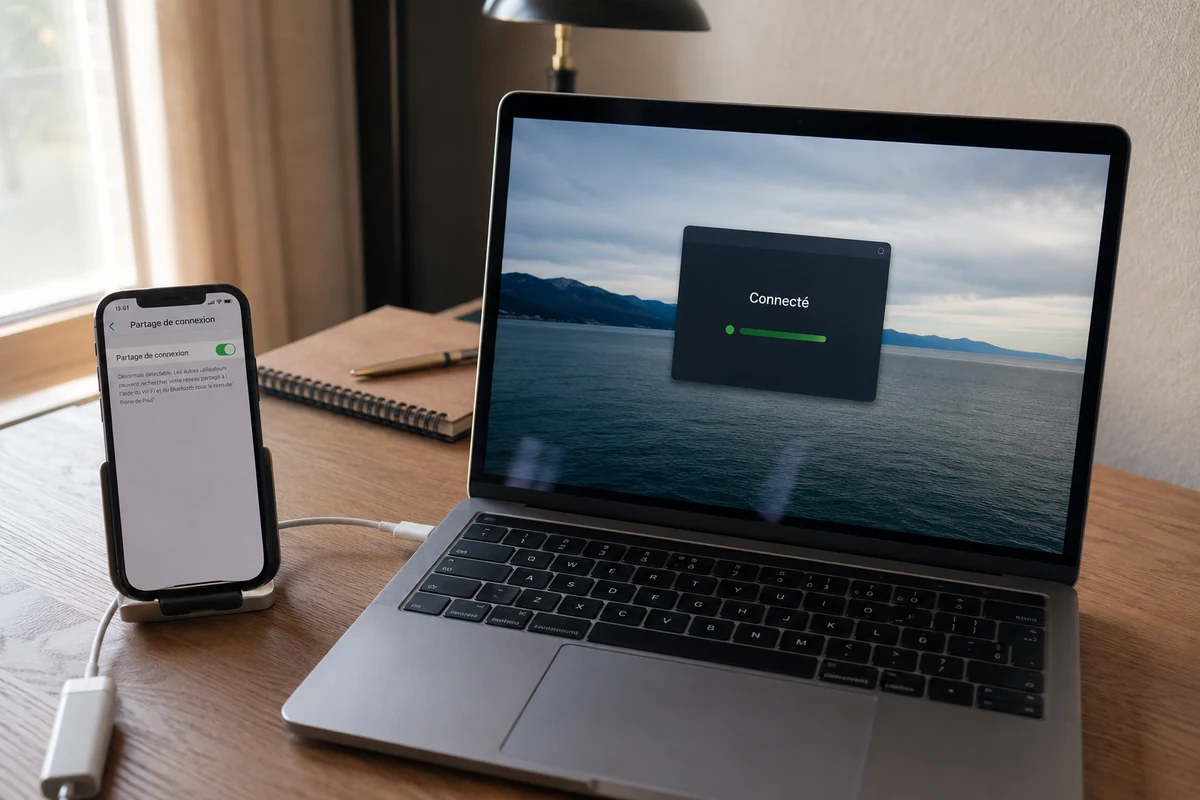 Le téléphone fournit le partage de connexion tandis que le VPN fonctionne sur l’ordinateur