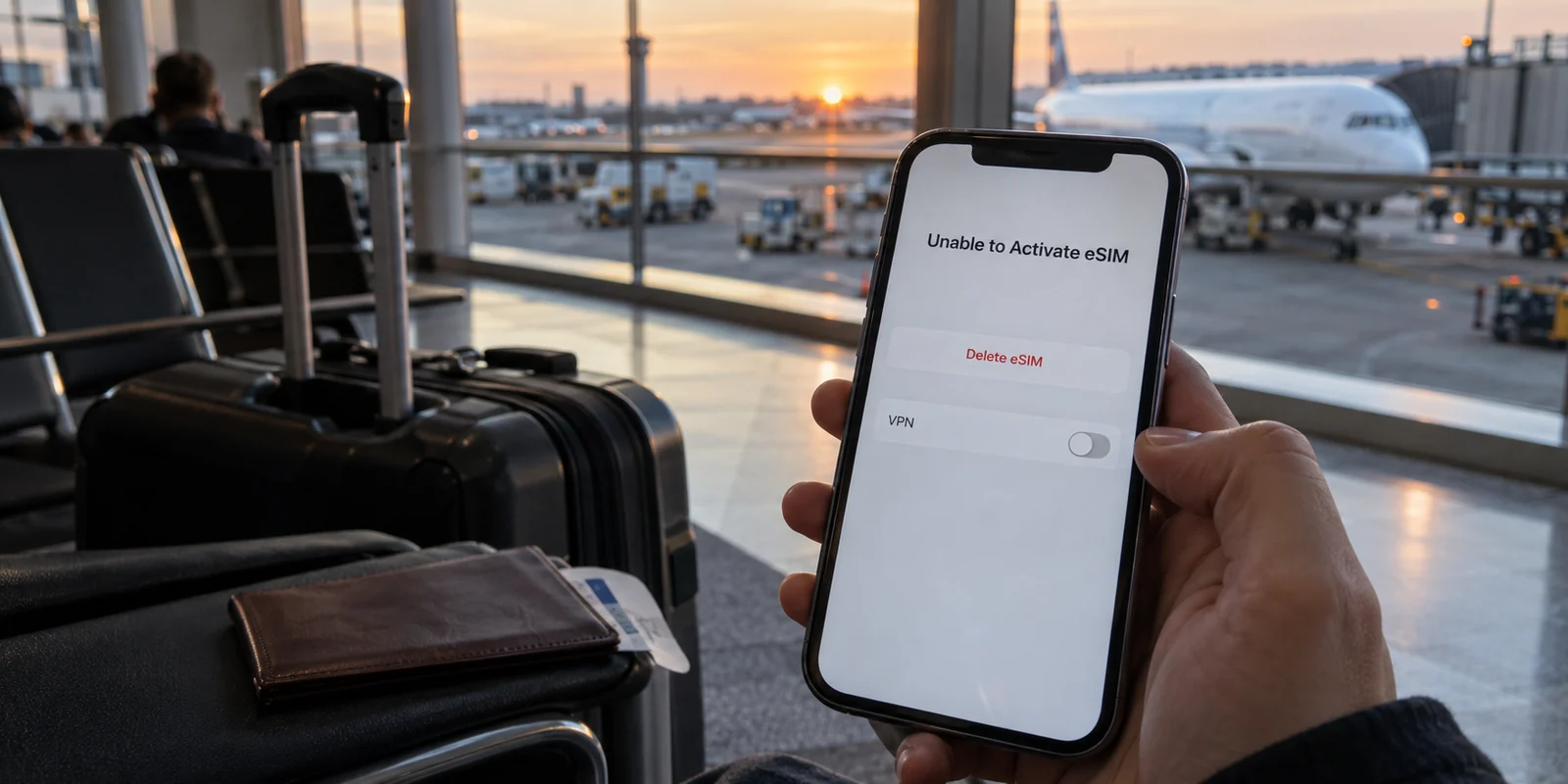 A traveler pauses at an eSIM activation error instead of deleting the profile