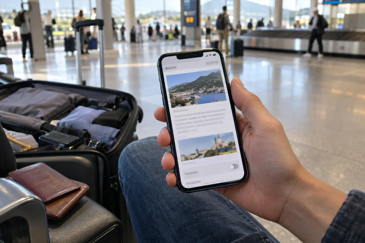 A phone loads a webpage over cellular data in an airport arrivals hall