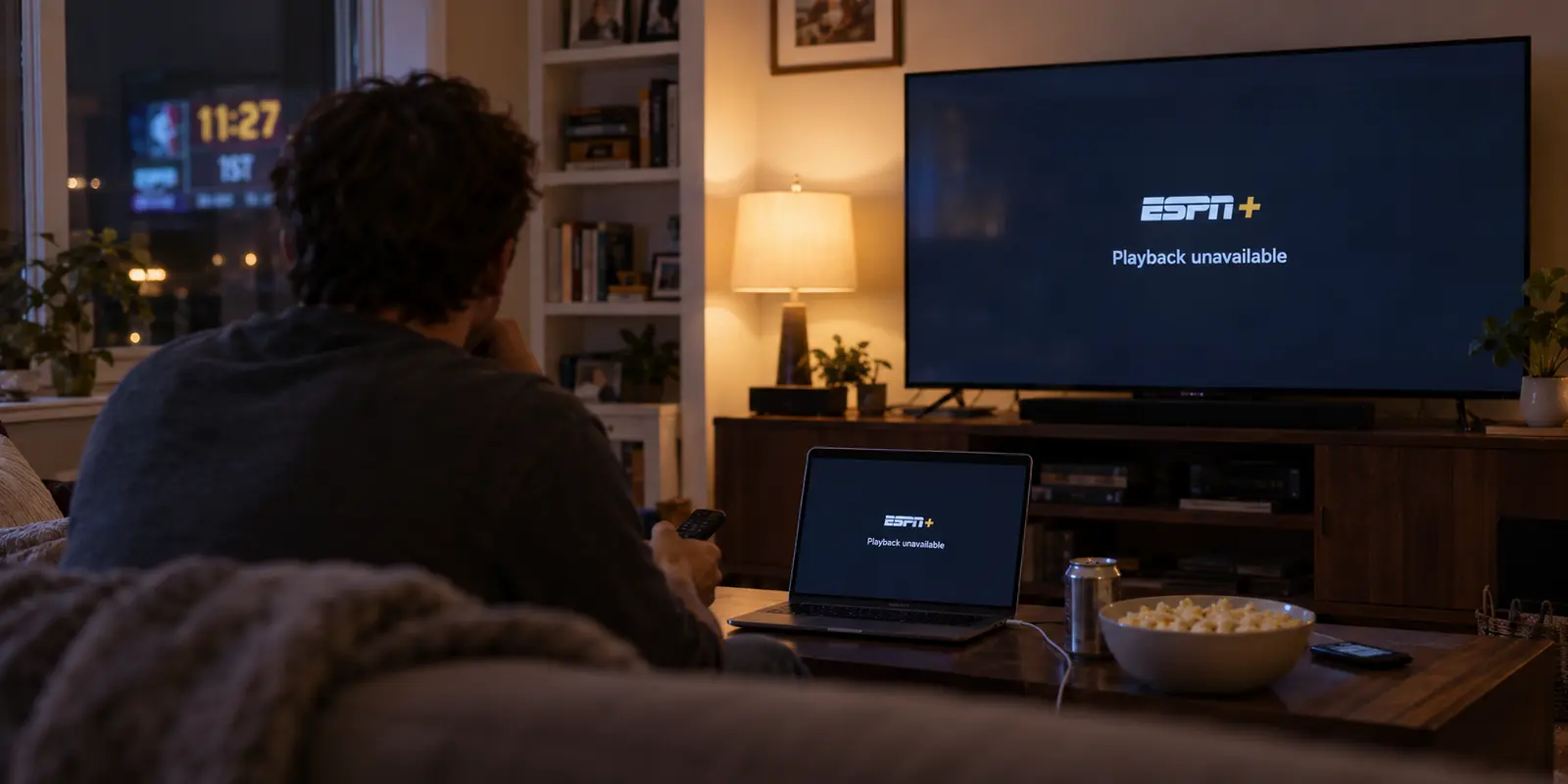 A viewer facing an ESPN+ playback unavailable message after a live basketball game has begun