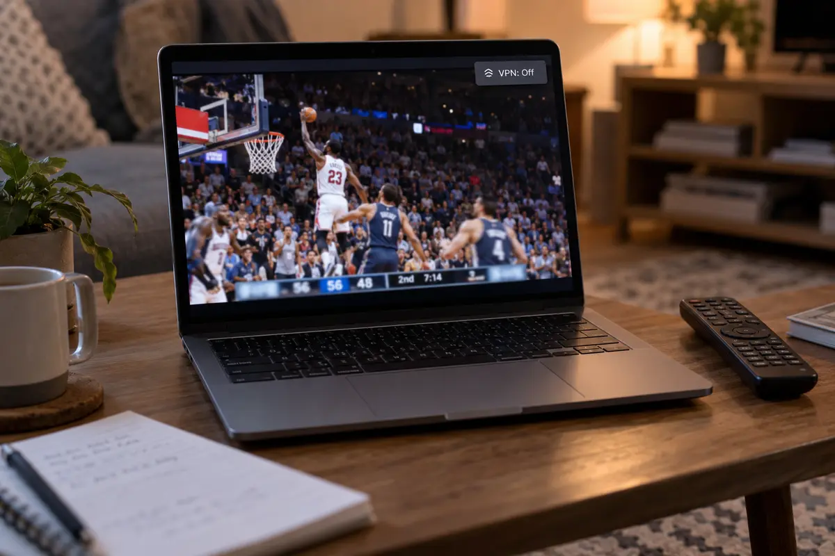 A live basketball stream playing on the same laptop after its VPN is switched off