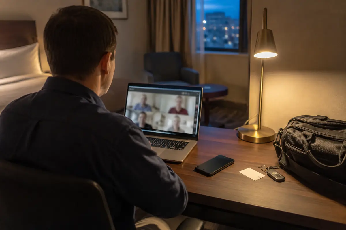 Un voyageur participe à un appel vidéo depuis le bureau d’une chambre d’hôtel.