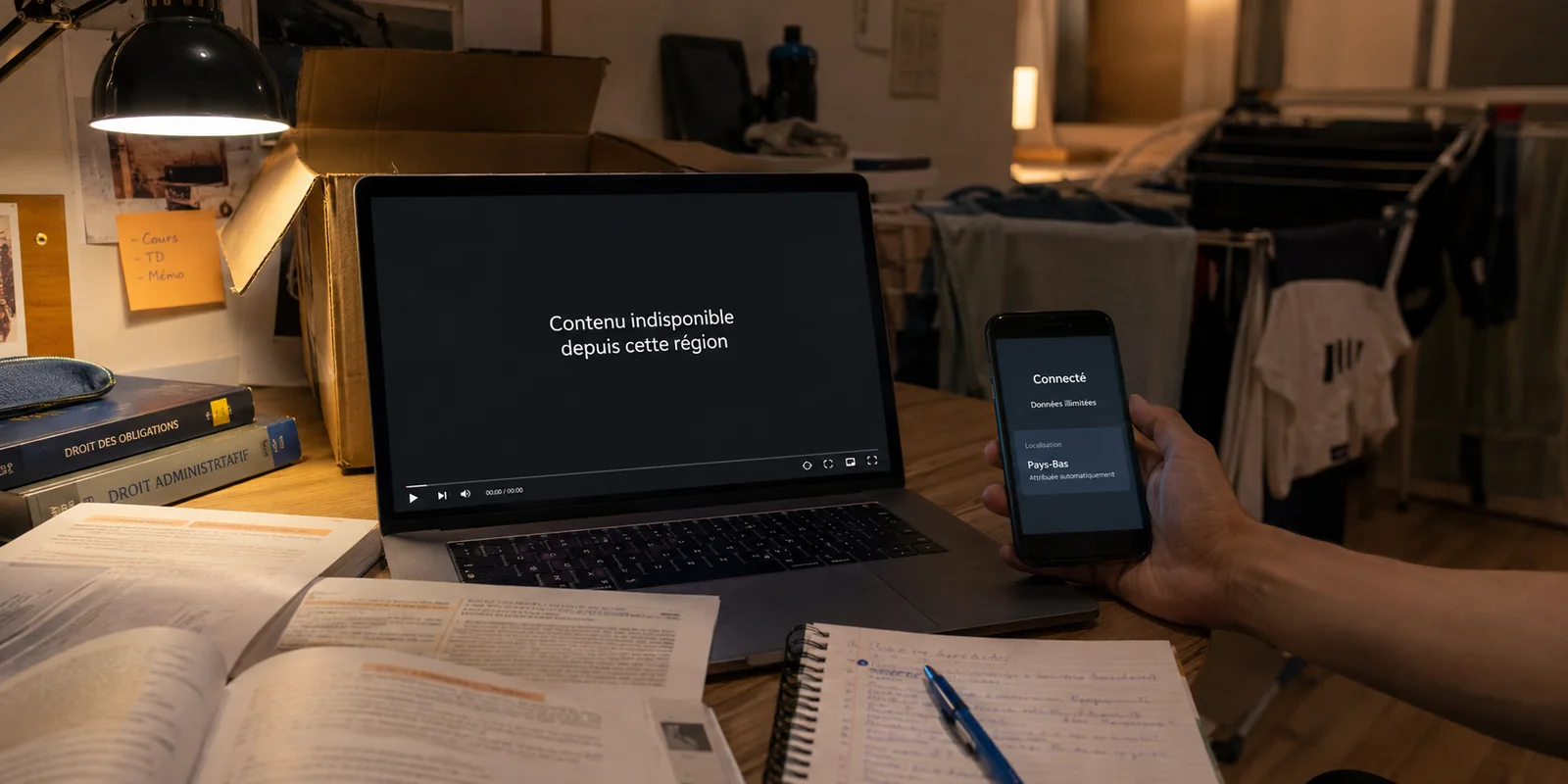 Dans un studio étudiant, un VPN gratuit reste connecté mais un programme est indisponible depuis la région attribuée.