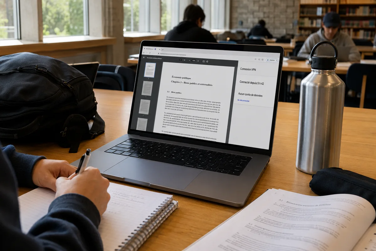 Étudiant travaillant en bibliothèque avec un VPN gratuit connecté depuis plusieurs heures sans quota.
