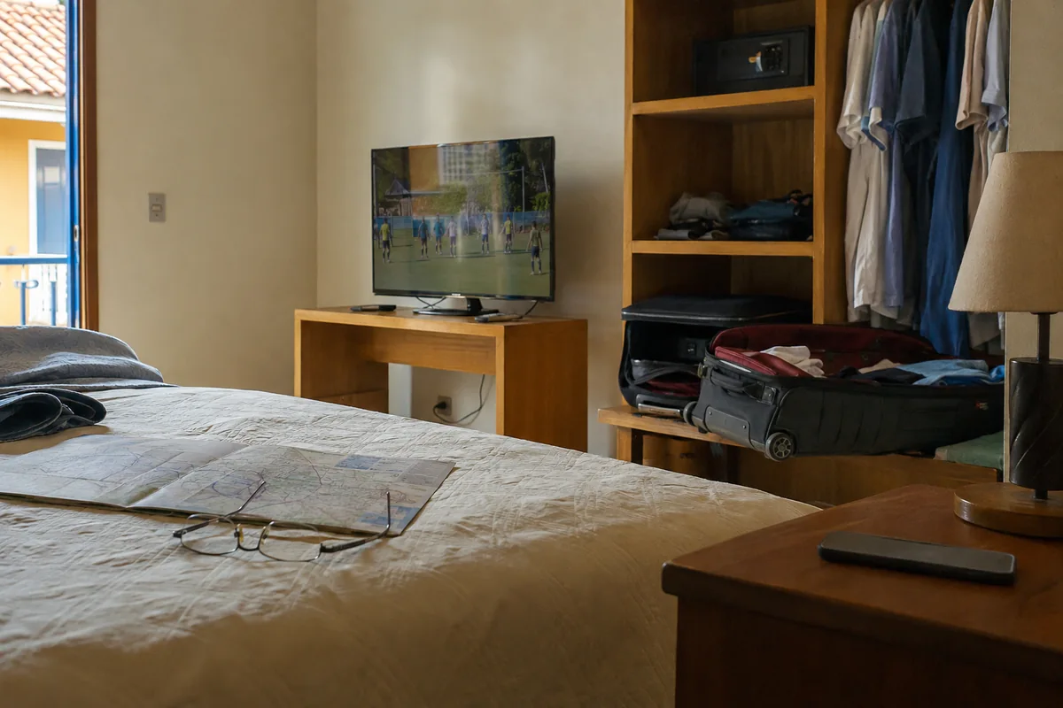 Televisão de hotel reproduzindo conteúdo enquanto o telefone fica guardado durante uma viagem mais longa.