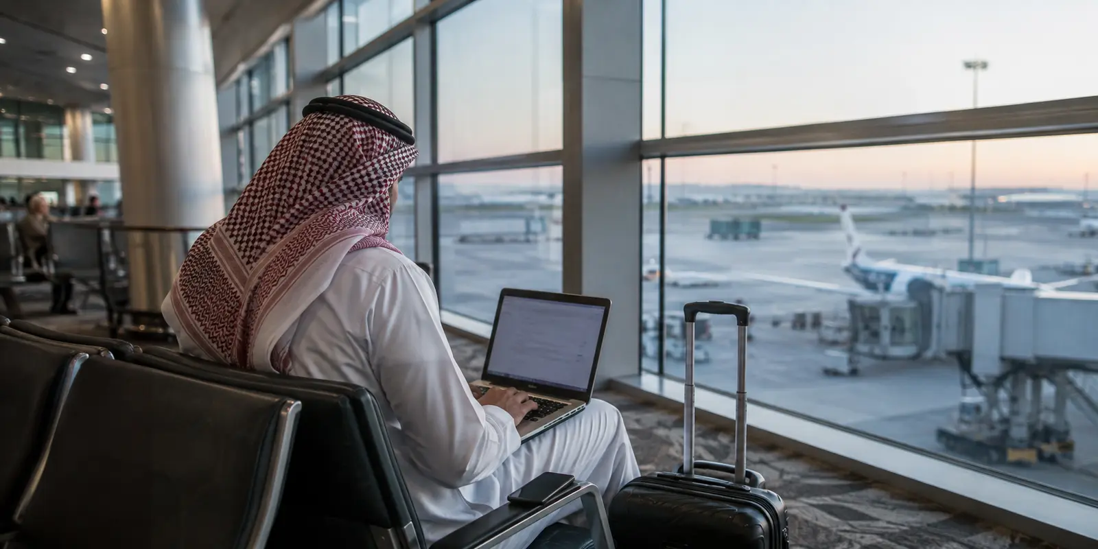 مسافر عربي يعمل على حاسوب محمول عند بوابة مطار في الصباح الباكر