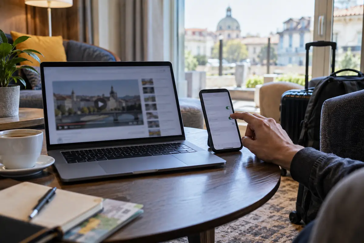 A traveler switches a phone hotspot on beside a streaming laptop