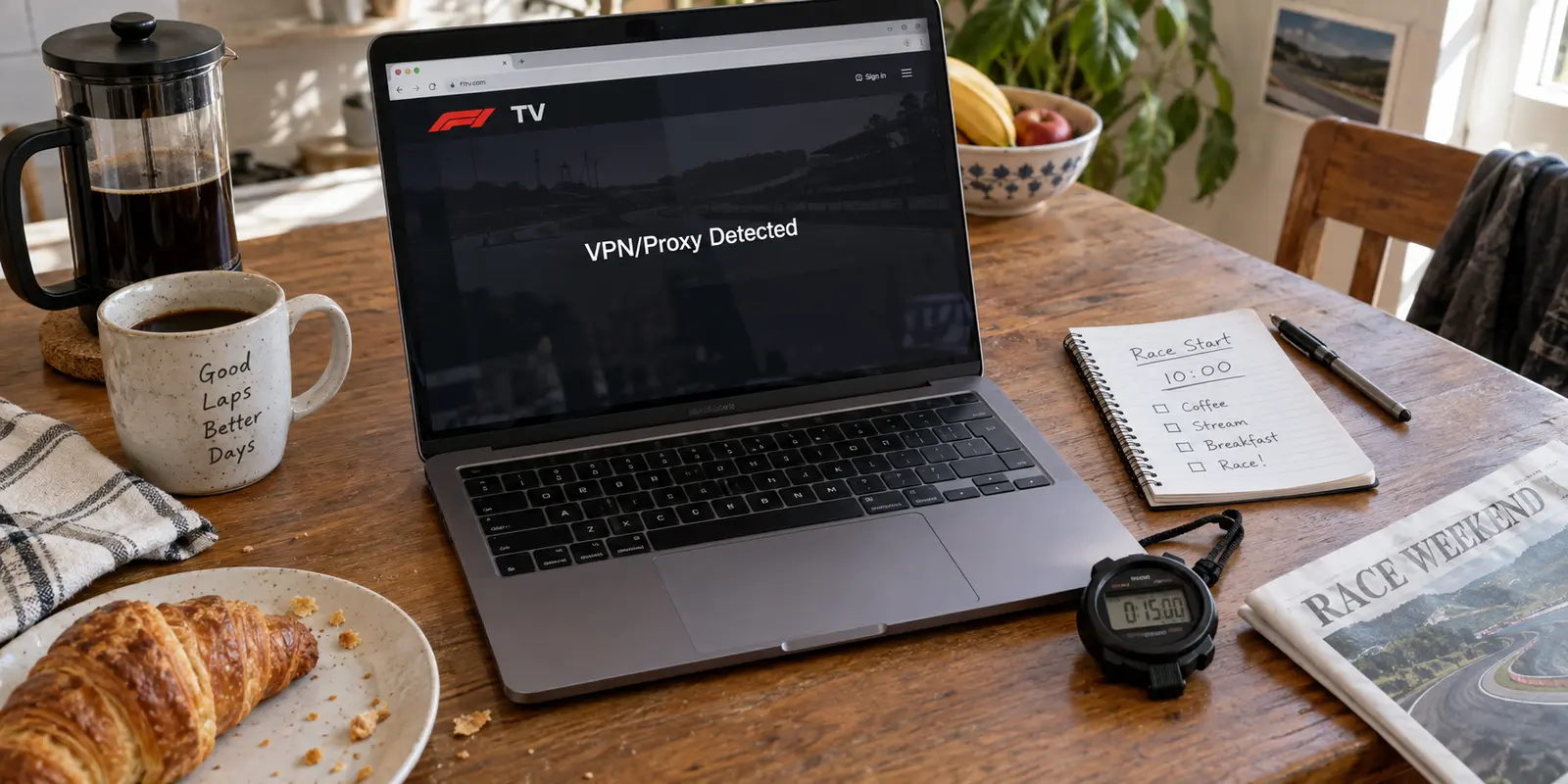 A race-weekend laptop showing an F1 TV VPN or proxy detected warning shortly before the start