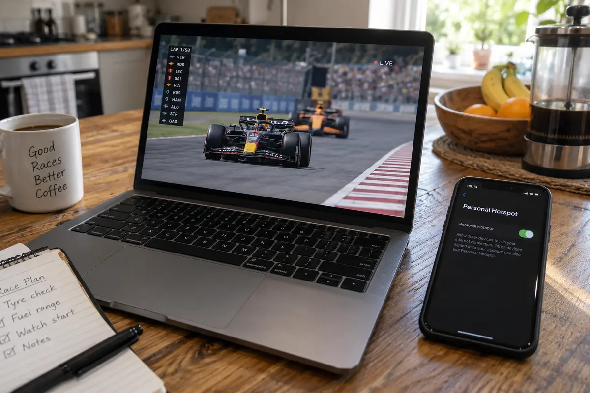 A Formula racing stream playing on a laptop connected to a phone personal hotspot