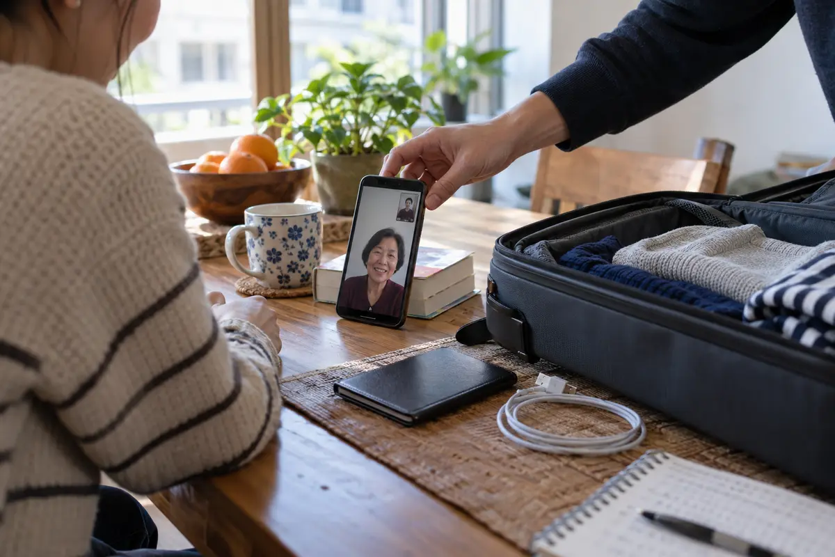 A traveler tests a one-to-one video call beside an open suitcase before departure