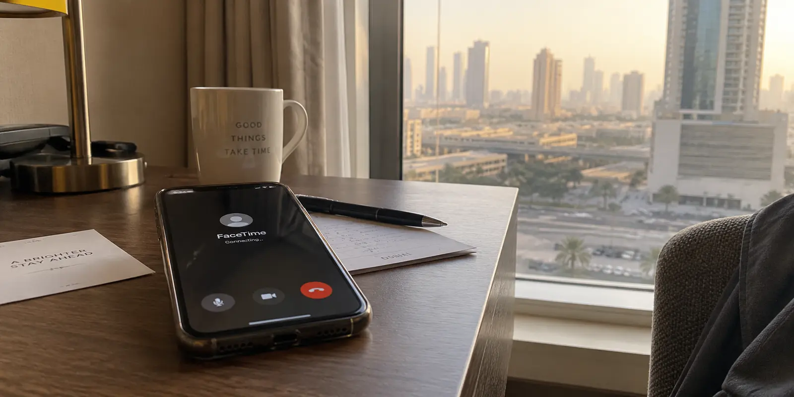 An iPhone FaceTime call stuck on Connecting on a Dubai hotel desk