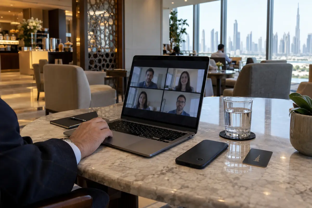 A working video meeting on a laptop in a UAE hotel lounge
