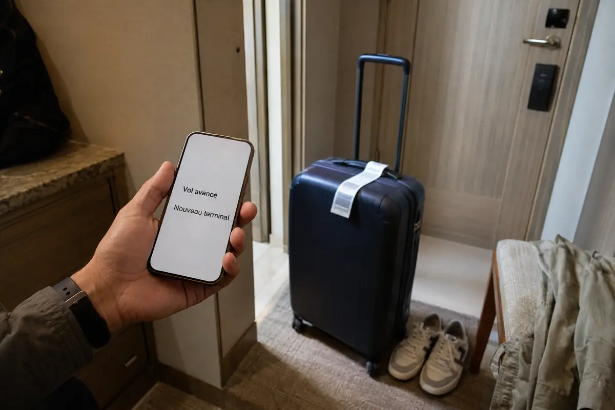 Un téléphone affiche un vol avancé et un nouveau terminal près d’une valise prête à partir