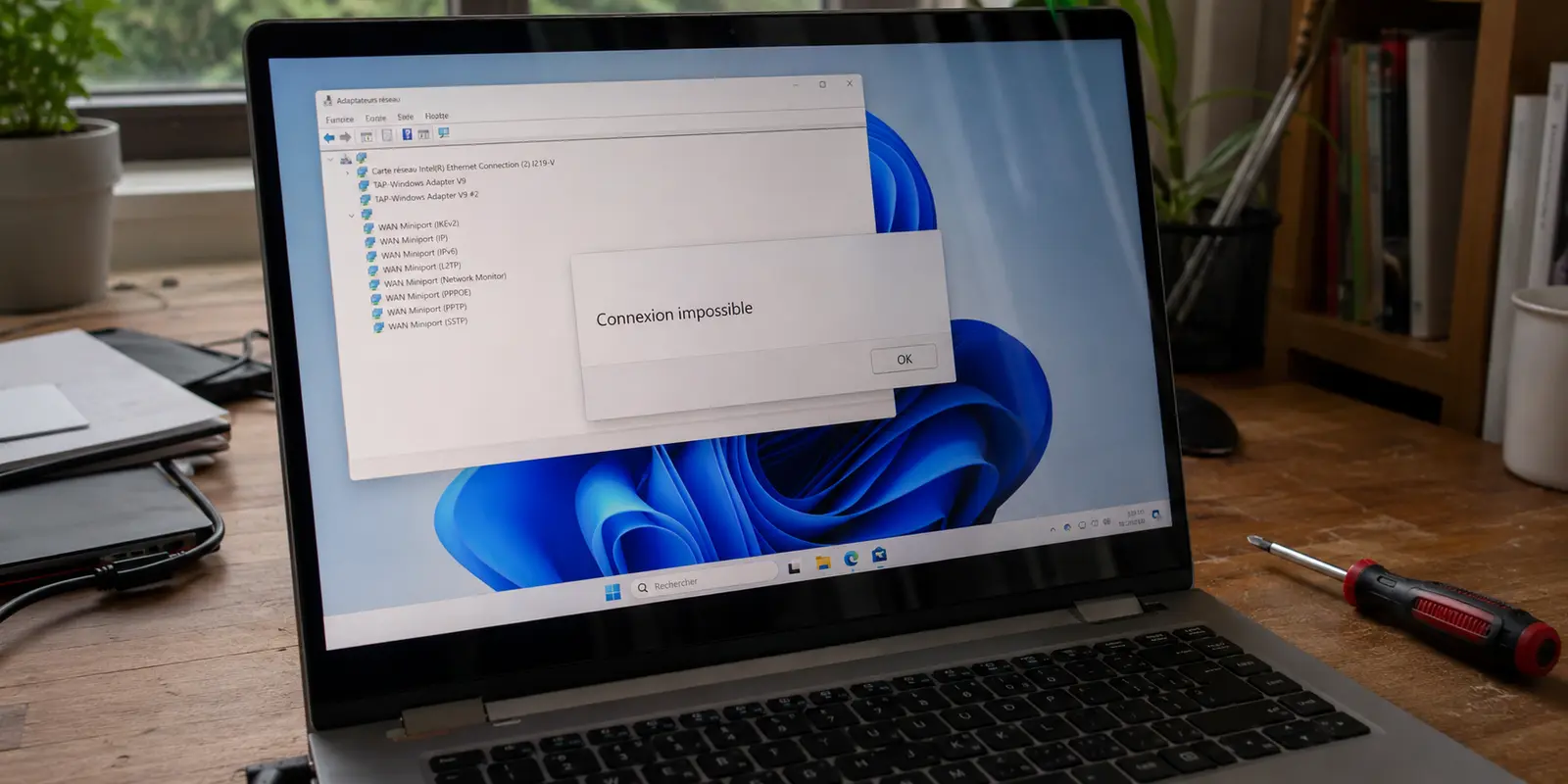 Un ancien adaptateur réseau reste visible après la désinstallation d’un VPN