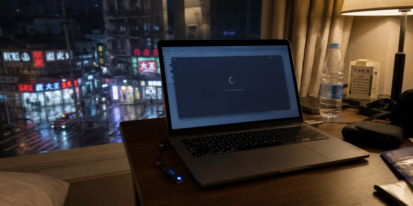 Un ordinateur portable reste bloqué sur une connexion VPN dans une chambre d’hôtel à Shanghai, avec une clé USB à côté