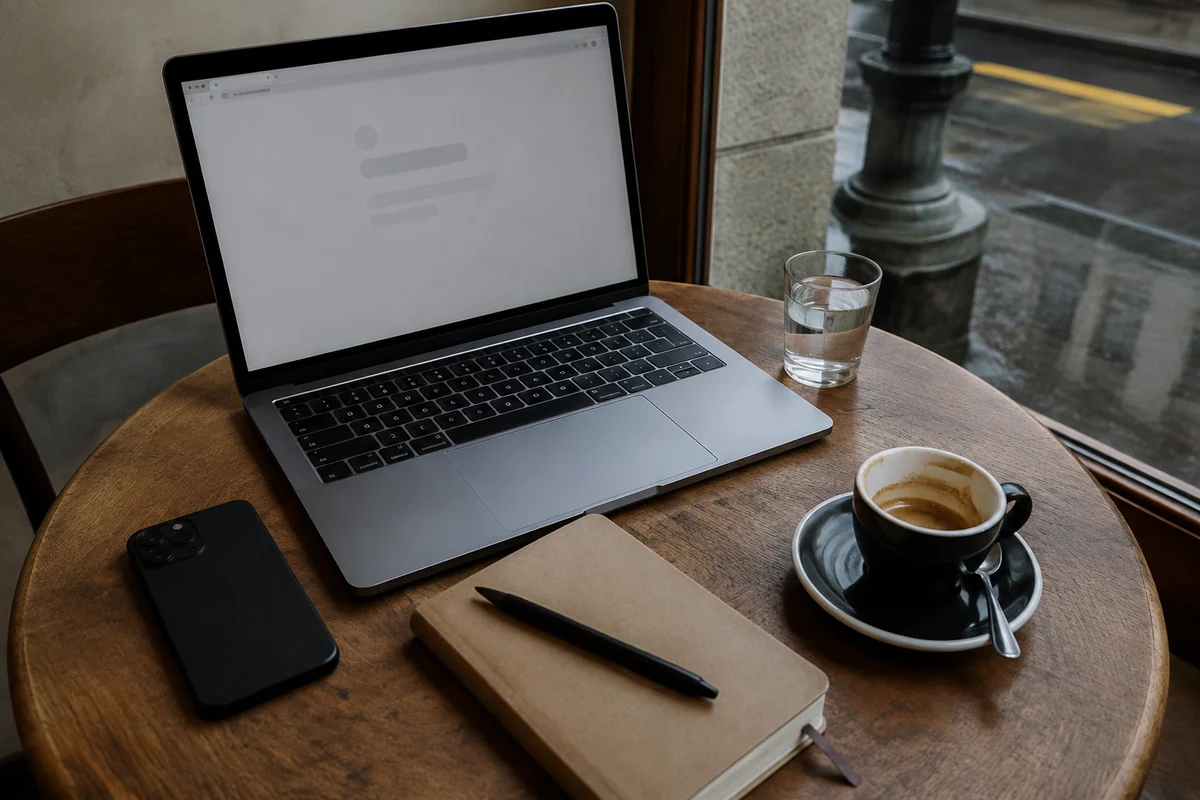 Ruhiger Café-Arbeitsplatz mit geschlossenem Smartphone und zurückhaltender Laptop-Ansicht