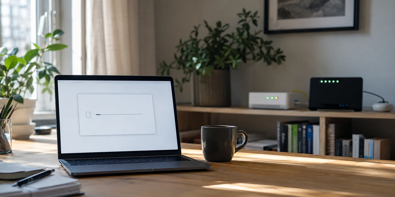Laptop mit stockender Übertragung und Glasfasergerät im Hintergrund eines Heimbüros