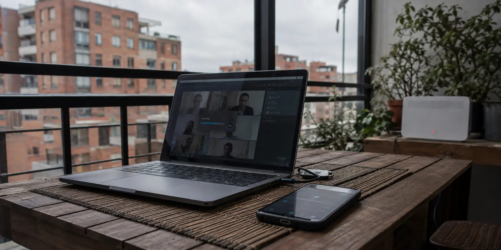 Portátil con una videollamada interrumpida junto a un teléfono con hotspot y un router de fibra sin conexión en Bogotá