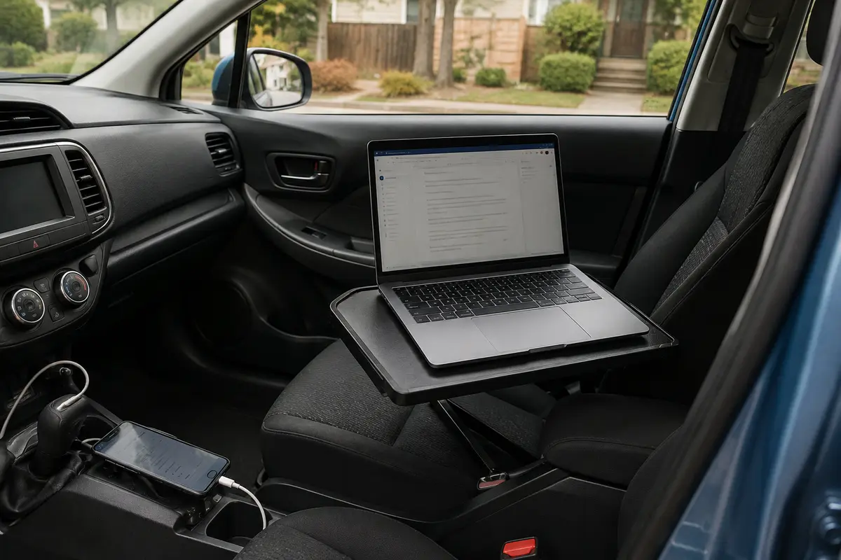 Un portátil continúa abierto en un coche estacionado mientras utiliza el punto de acceso de un teléfono