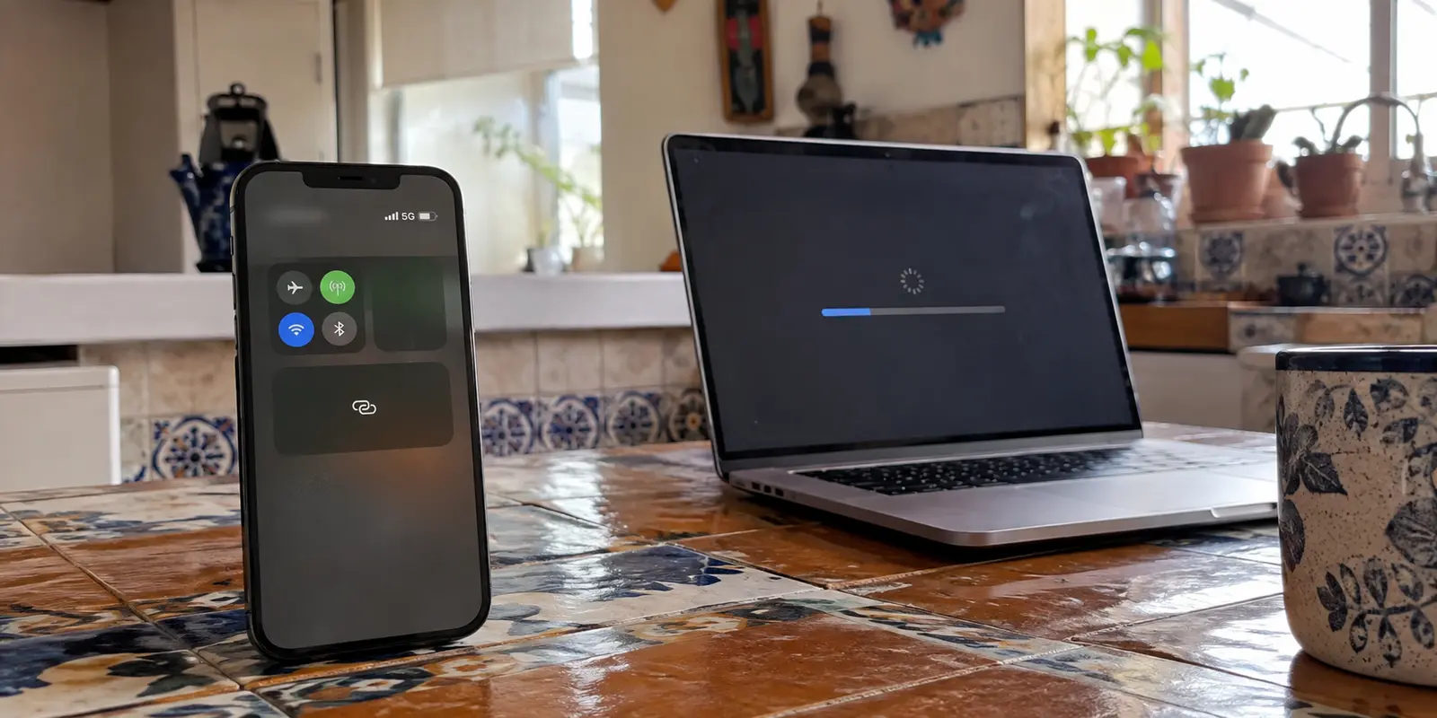 Teléfono con 5G junto a un portátil cuya transferencia sigue esperando