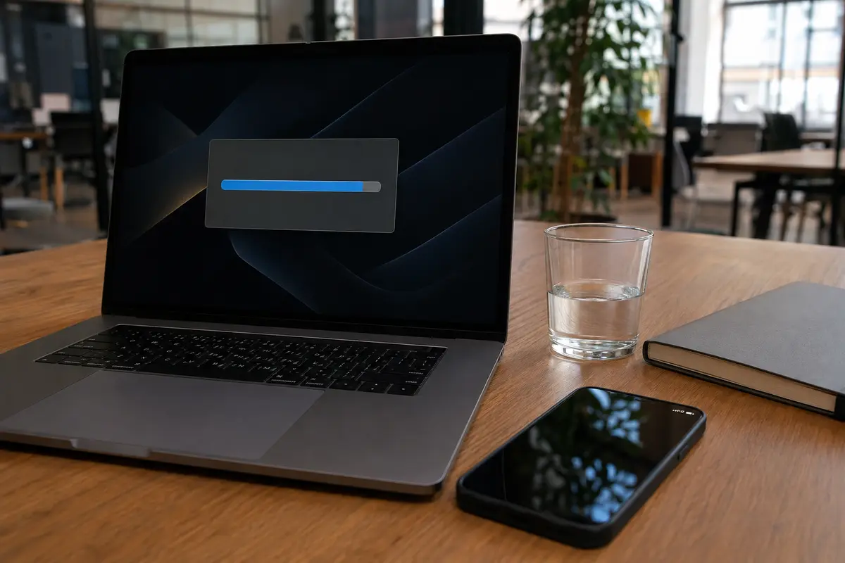 Transferencia de archivo casi terminada en un portátil conectado por 5G