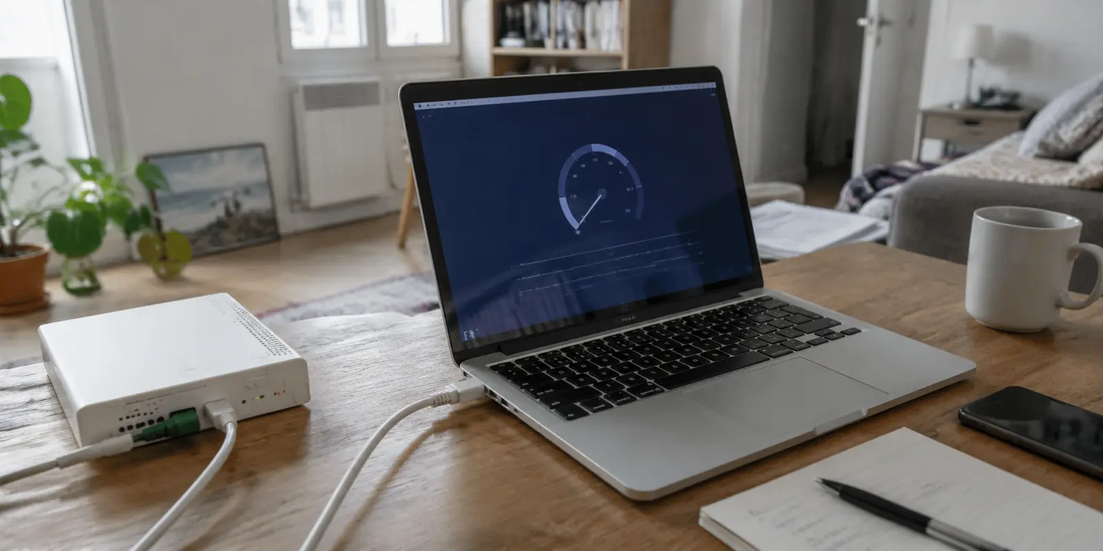 Un ordinateur relié en Ethernet à la fibre affiche un test de débit nettement ralenti