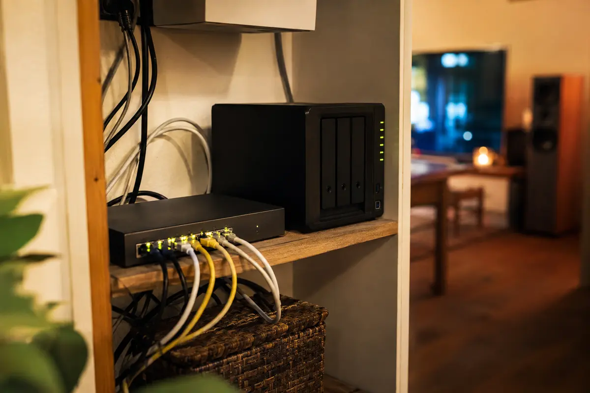 Un routeur domestique et un stockage réseau relient plusieurs appareils actifs dans le foyer