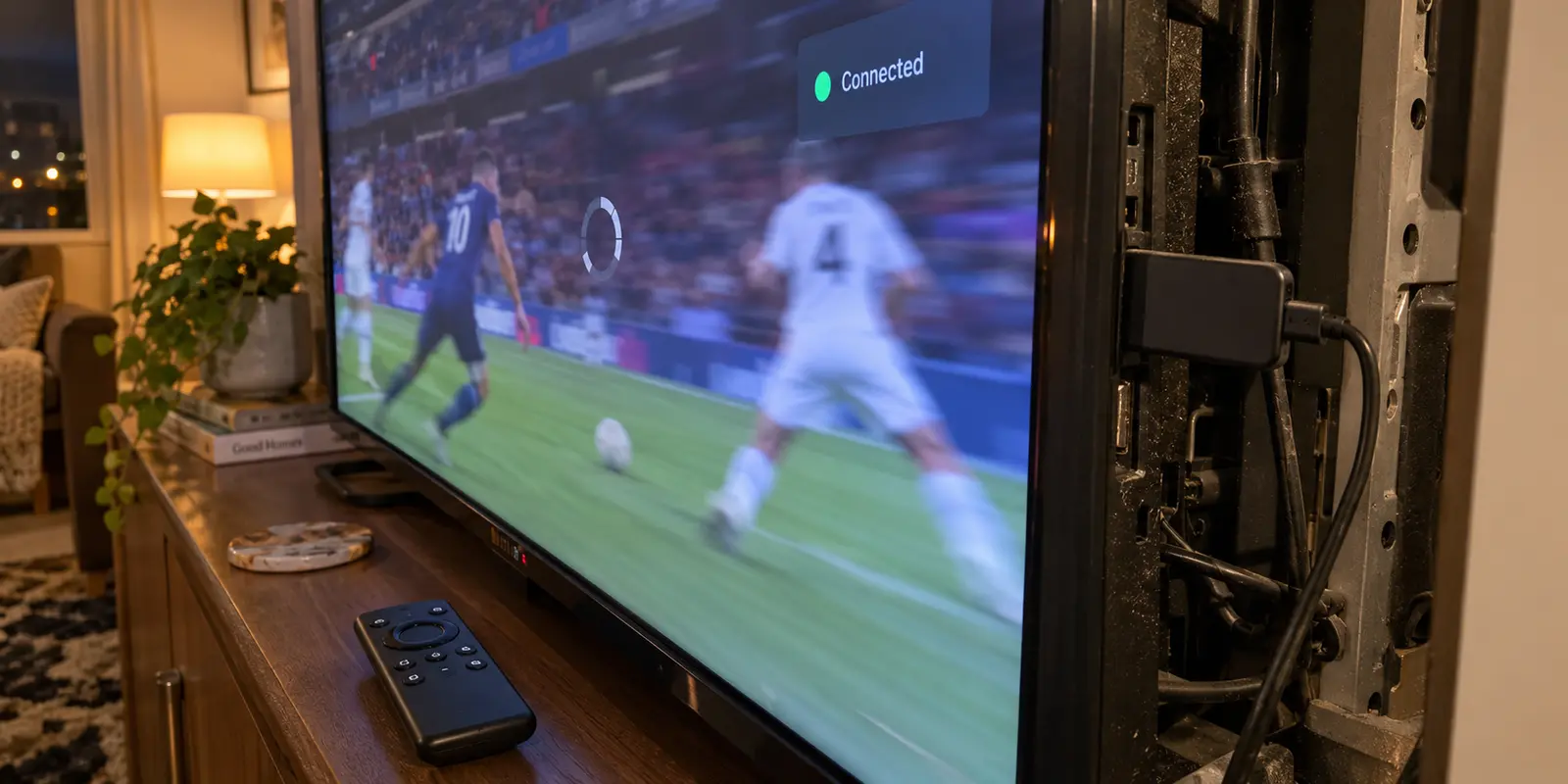 A live sports stream buffering while a connected streaming stick is cramped behind the television