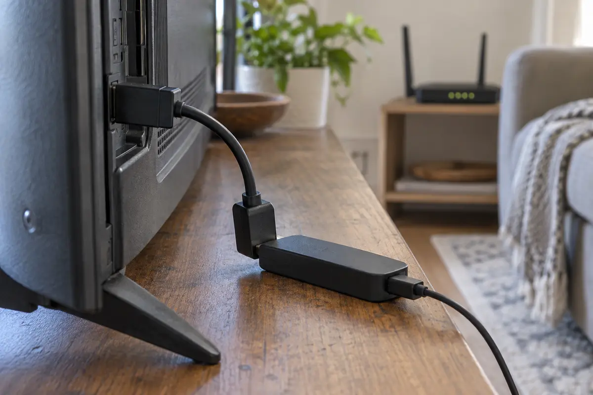 A streaming stick moved away from the television chassis using a short HDMI extender