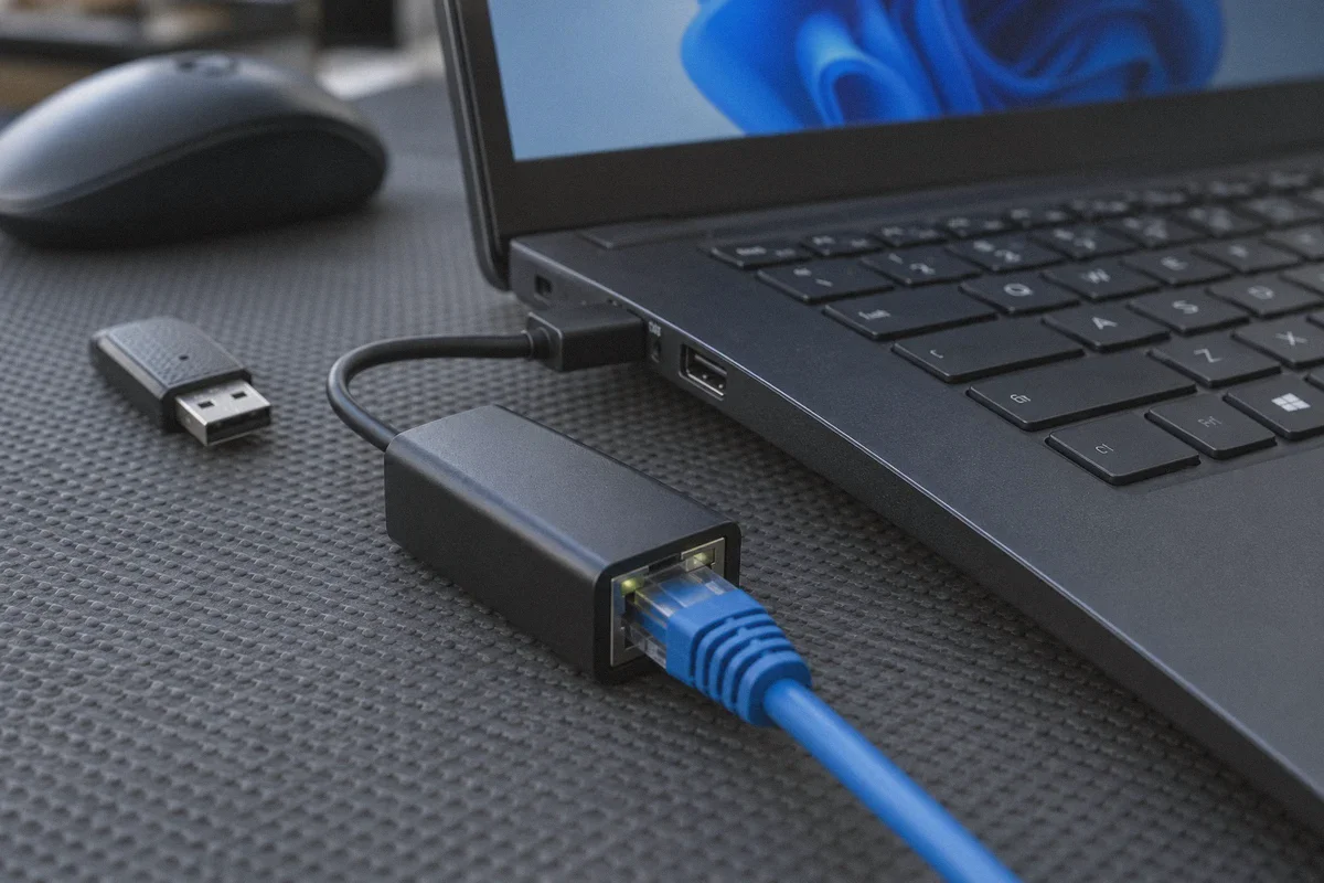 Ethernet adapter attached to a laptop.