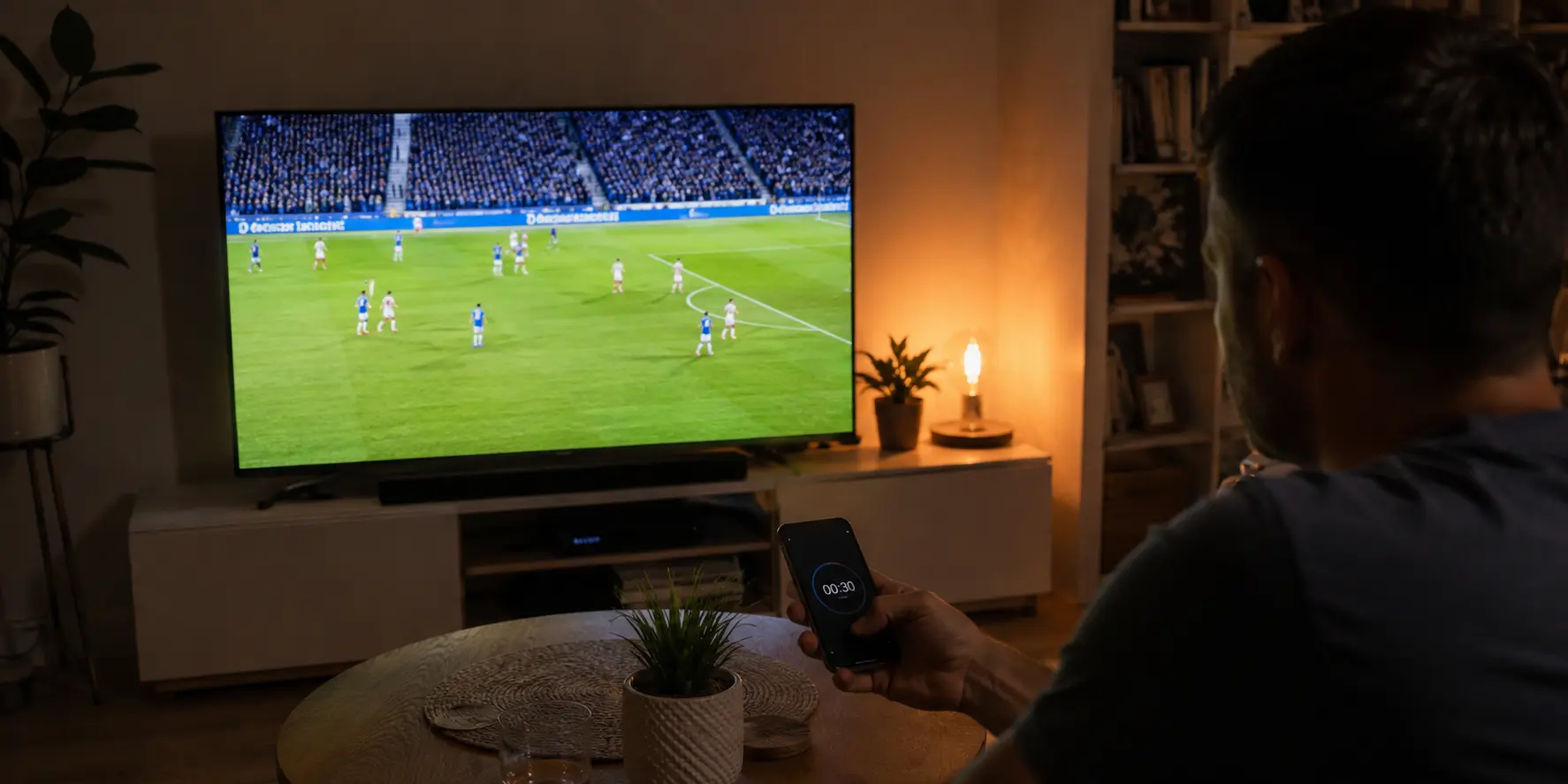 Télévision montrant un direct avec un léger retard dans le salon