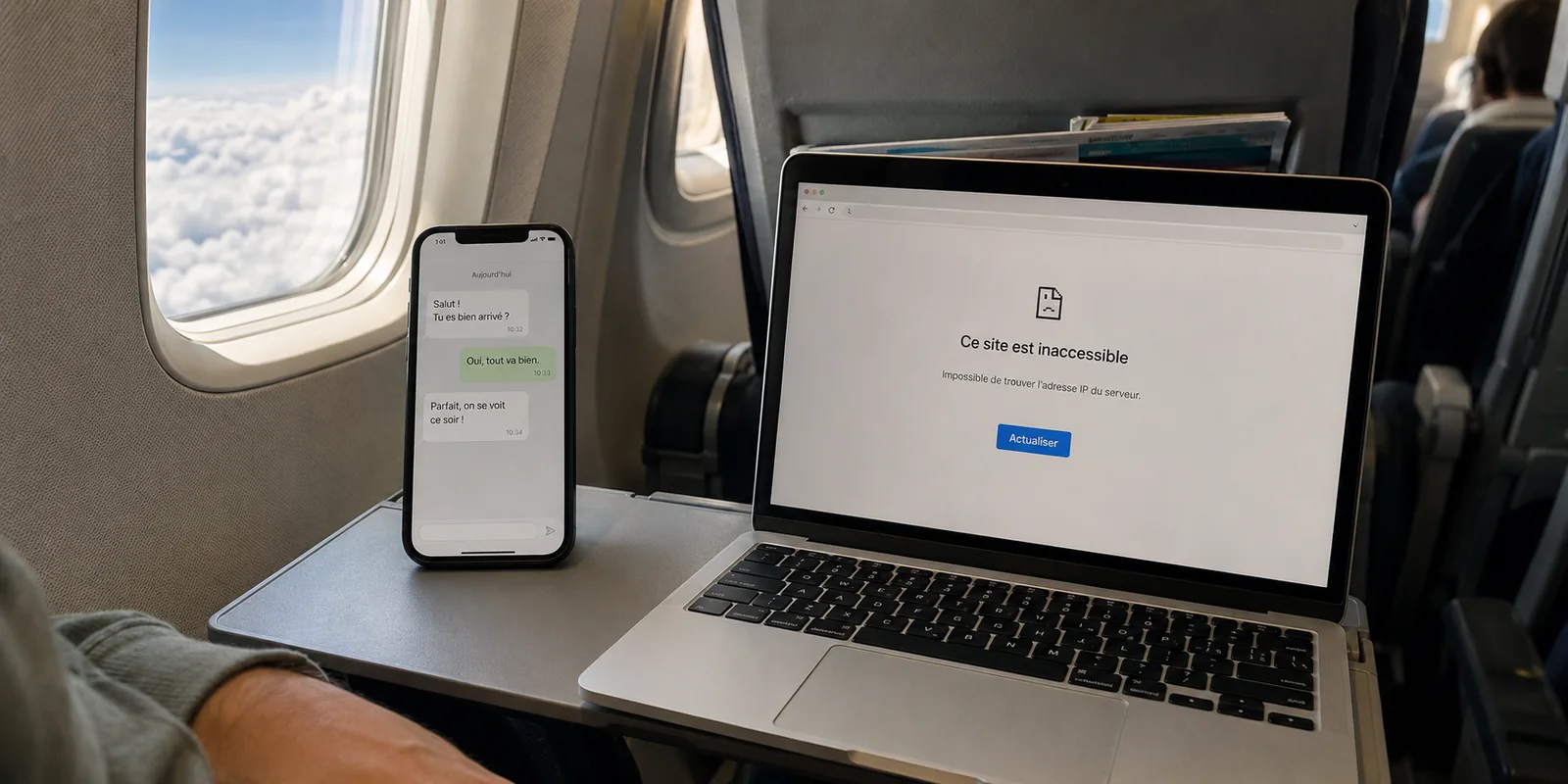 Dans un avion, les messages arrivent sur un téléphone tandis qu’un site reste inaccessible sur l’ordinateur.