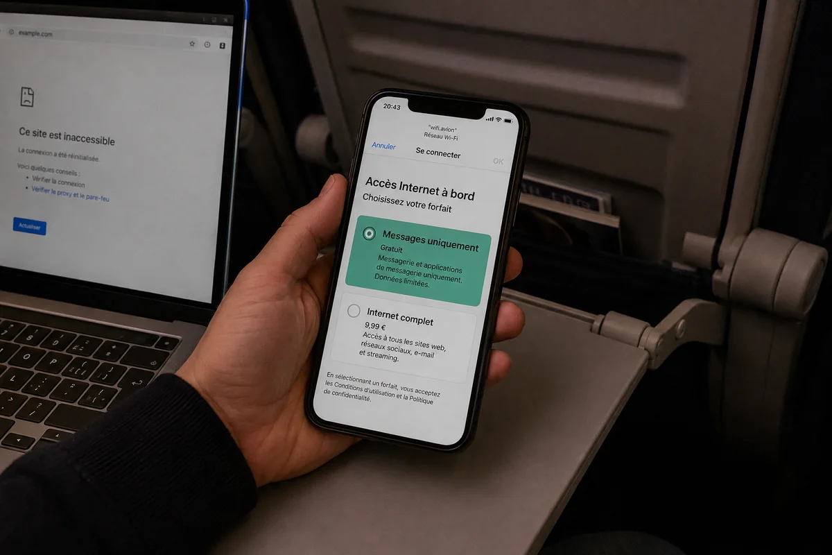 Portail Wi-Fi d’un avion proposant un forfait messages et un accès Internet complet.