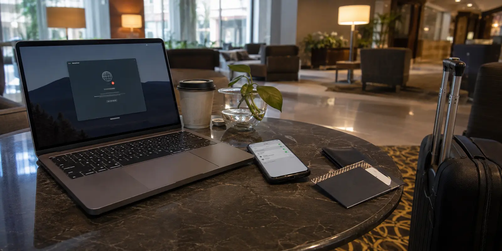 Ordinateur affichant un échec de connexion VPN à côté d’un téléphone en partage 5G dans le hall d’un hôtel